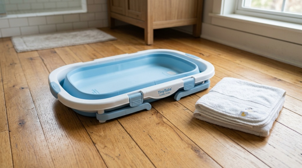 Lightweight foldable baby bathtub resting on a clean indoor floor.