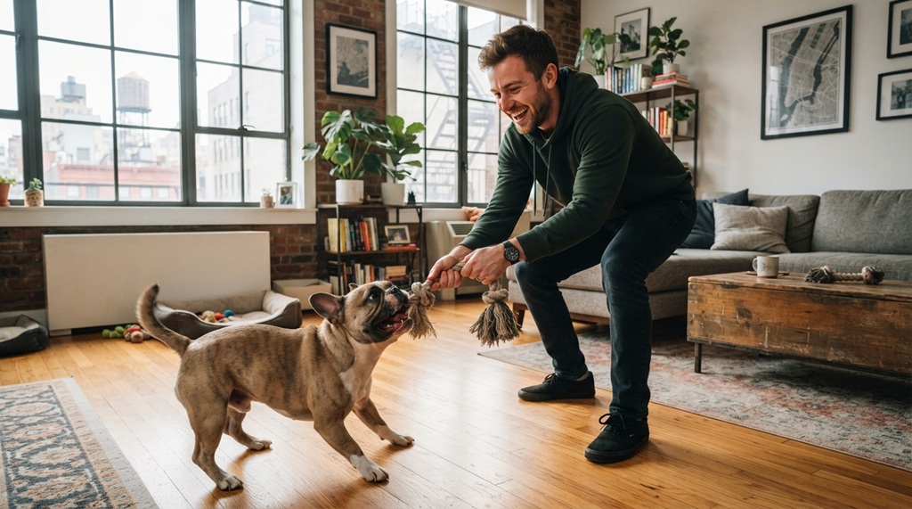 Man playing tug of war with French bulldog inside apartment