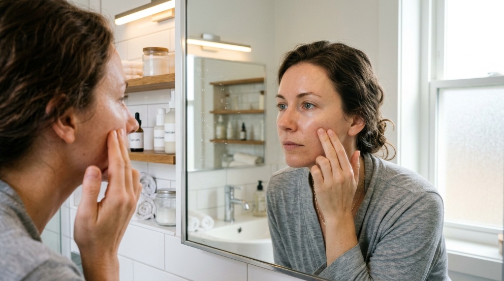 Woman checking skin hydration in a mirror.