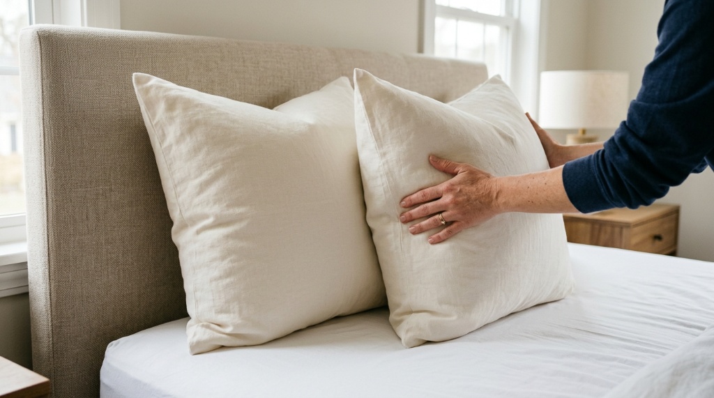Hands arranging large square Euro pillows against a modern bedroom headboard.