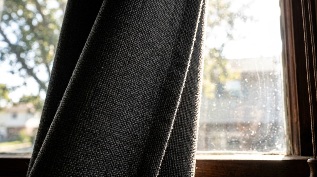 Close-up of multi-layered triple-weave blackout curtain fabric.